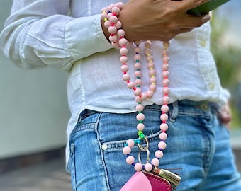 Mobile phone chain made of wooden beads for hanging around the neck Mobile phone strap Key ring Pearl chain Shoulder strap Wooden beads Boho style Length 130 Gift for her