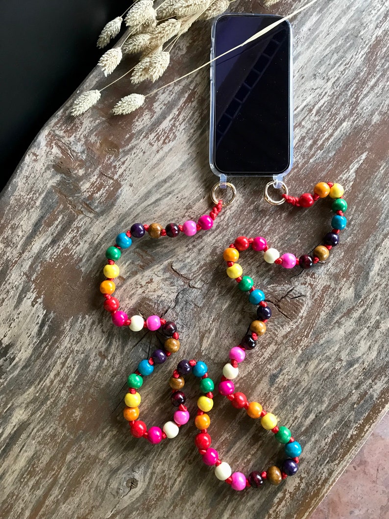 Chaîne de téléphone portable faite à la main perles bracelet de téléphone portable porte-clés chaîne de perles mousqueton or-argent perles en bois 14 mm cadeau pour elle image 7