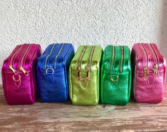 Bolso de hombro de cuero genuino metálico bolso de hombro bandolera bolso de teléfono móvil bolso de cinturón de viaje con cremallera dorada regalo de Italia para ella