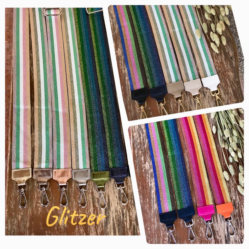 Patterned bag straps, shoulder strap, shoulder strap, wide shoulder strap, glitter with silver_gold-colored fasteners image 1