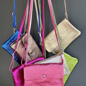 Metallic schoudertas van echt leer met leren bandje, glitterclutch, damesenveloptas van nappaleer, huwelijksfeestcadeau voor haar