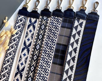 Taschengurt breit 5cm Schultergurt verstellbar gemustert Glitzer Navy Blau Crossbody Schulterriemen Silber Gold Hardware Geschenk für Sie