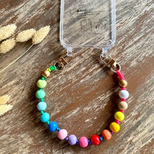 Handschlaufe Handykette kurz Holzperlen Schlüsselanhänger Schlüsselkette Schlüsselband Kurz Perlenkette Holzperlen Boho Geschenk für Sie Bunt mit Goldperlen