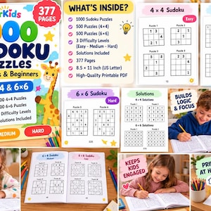 May include: A 377-page Sudoku puzzle book for children and beginners containing 500 4x4 and 500 6x6 grids. The cover features a lion and giraffe illustration with the text 1000 SUDOKU PUZZLES. Includes three difficulty levels and solutions.