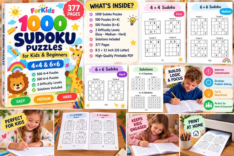 May include: A 377-page Sudoku puzzle book for children and beginners containing 500 4x4 and 500 6x6 grids. The cover features a lion and giraffe illustration with the text 1000 SUDOKU PUZZLES. Includes three difficulty levels and solutions.