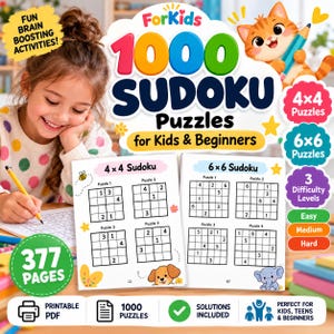 May include: A ForKids 1000 Sudoku Puzzles book for kids and beginners featuring 377 pages, 4x4 and 6x6 grids, three difficulty levels, and solutions included. The cover displays a cartoon cat, a dog, an elephant, and sample puzzle pages.