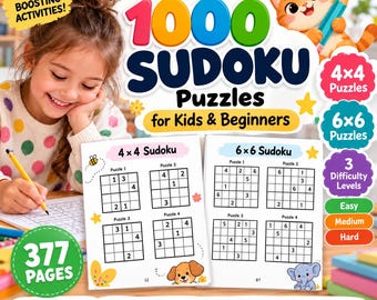 1000 Sudoku-puzzels voor kinderen en beginners, printbaar Sudoku-activiteitenboek (4x4 en 6x6), makkelijke, gemiddelde en moeilijke logische spelletjes, PDF-download