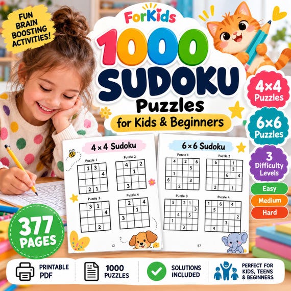 1000 Sudoku Puzzles for Kids, Printable Sudoku Activity Book, 4x4 & 6x6 Logic Puzzles, Easy to Hard, PDF Download
