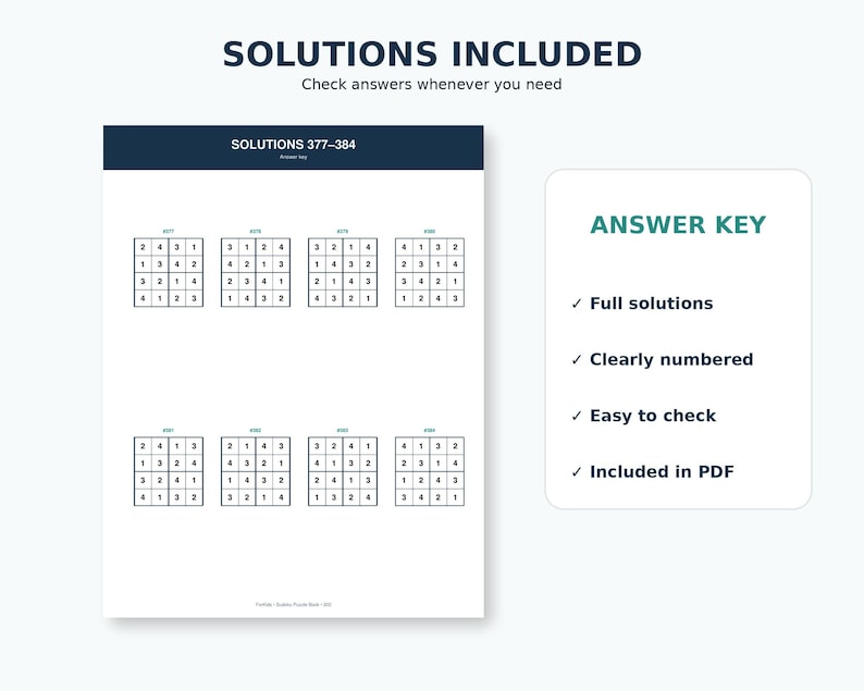 May include: A document titled SOLUTIONS INCLUDED featuring an answer key for puzzles 377-384. It displays eight 4x4 grids filled with numbers, organised in two rows. A separate box on the right lists features: Full solutions, Clearly numbered, Easy to check, and Included in PDF.