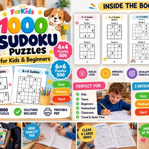 May include: A 1000 Sudoku Puzzles for Kids & Beginners activity book featuring 4x4 and 6x6 grids, 377 pages, and solutions included. The cover displays colourful text, a cartoon dog, and sample puzzle pages. Includes printable PDF options.
