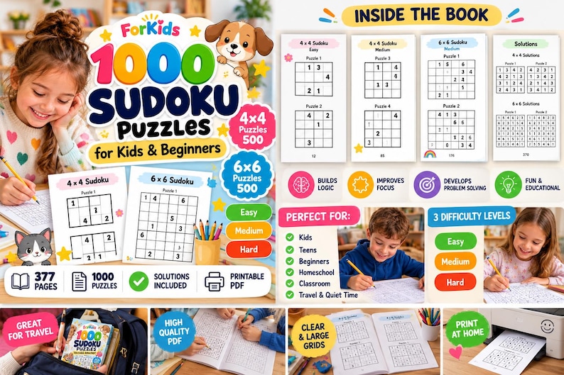 May include: A 1000 Sudoku Puzzles for Kids & Beginners activity book featuring 4x4 and 6x6 grids, 377 pages, and solutions included. The cover displays colourful text, a cartoon dog, and sample puzzle pages. Includes printable PDF options.