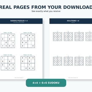 May include: Two white pages featuring Sudoku puzzles and solutions. The left page shows four 4x4 Sudoku puzzles labelled 1-4. The right page displays eight completed 4x4 Sudoku solutions labelled 1-8. Text includes REAL PAGES FROM YOUR DOWNLOAD and 4x4 + 6x6 SUDOKU.