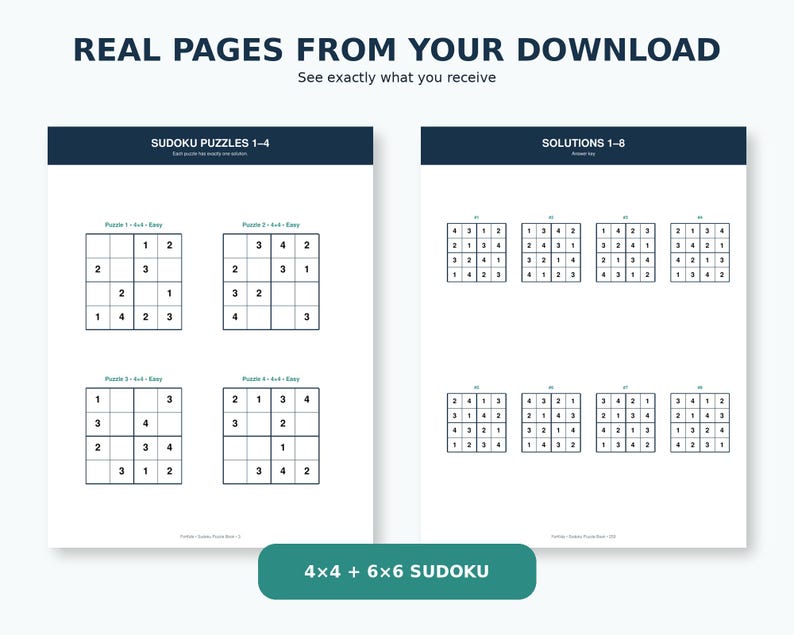 May include: Two white pages featuring Sudoku puzzles and solutions. The left page shows four 4x4 Sudoku puzzles labelled 1-4. The right page displays eight completed 4x4 Sudoku solutions labelled 1-8. Text includes REAL PAGES FROM YOUR DOWNLOAD and 4x4 + 6x6 SUDOKU.