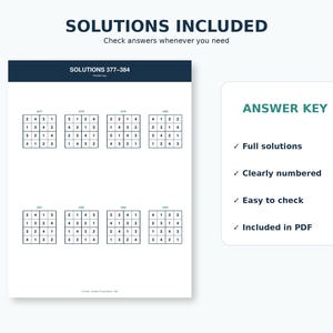 May include: A document titled SOLUTIONS INCLUDED featuring an answer key for puzzles 377-384. It displays eight 4x4 grids filled with numbers, organised in two rows. A separate box on the right lists features: Full solutions, Clearly numbered, Easy to check, and Included in PDF.