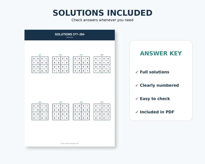 May include: A document titled SOLUTIONS INCLUDED featuring an answer key for puzzles 377-384. It displays eight 4x4 grids filled with numbers, organised in two rows. A separate box on the right lists features: Full solutions, Clearly numbered, Easy to check, and Included in PDF.