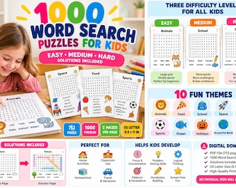 May include: A digital download product featuring 1000 word search puzzles for kids across 752 pages. The set includes 10 themes like animals, space, and food, with three difficulty levels, solutions, and a US letter size of 21.59 x 27.94 cm.