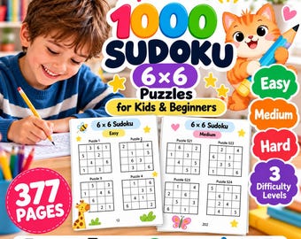 May include: A 1000 Sudoku 6x6 puzzle book for kids and beginners with 377 pages. The cover features a cartoon cat, a giraffe, and a butterfly. It includes easy, medium, and hard difficulty levels, printable PDF format, and solutions included.