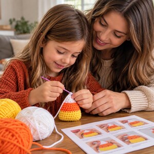 Peut inclure: Un projet de crochet en forme de bonbon maïs avec du fil blanc, orange et jaune, réalisé avec un crochet violet. À proximité se trouvent des pelotes de laine jaune, blanche et orange ainsi qu'une fiche d'instructions avec des photos.
