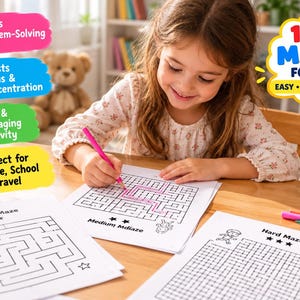 May include: A collection of printed maze activity sheets for children labelled Easy, Medium, and Hard. The pages feature black and white line art mazes with star icons and cartoon characters. A pink pencil is shown tracing a path on a medium maze.
