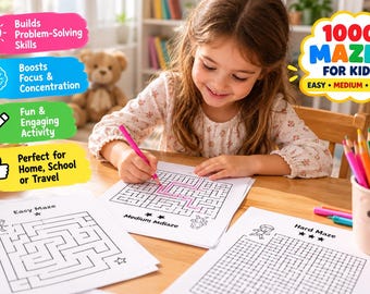 May include: A collection of printed maze activity sheets for children labelled Easy, Medium, and Hard. The pages feature black and white line art mazes with star icons and cartoon characters. A pink pencil is shown tracing a path on a medium maze.