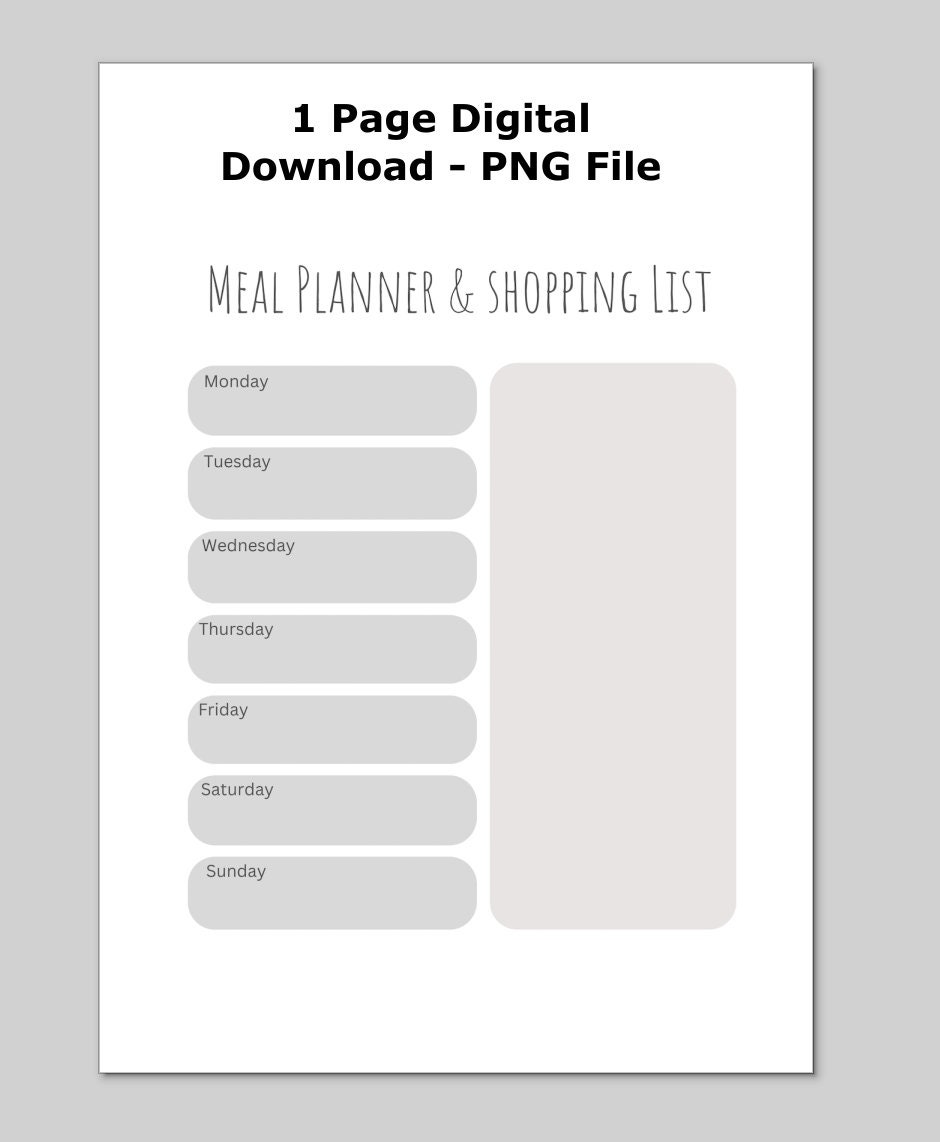 Printable Meal Planner & Shopping List Digital Download, PNG File - Etsy
