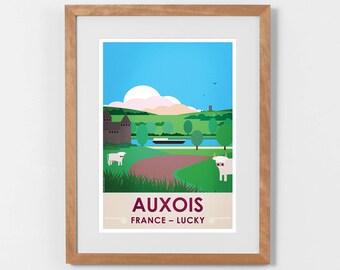 Poster 30x40 or A3 / Auxois Lucky / Serie Regions of France Lucky-Unlucky / Auxois, Cows, Charolaises, Canal de Bourgogne