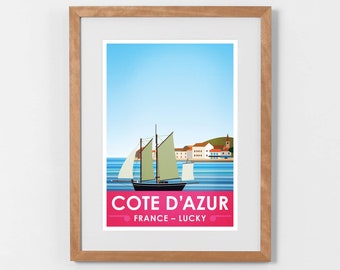 Poster 30x40 or A3 / Côte d'Azur Lucky / Serie Regions of France Lucky-Unlucky / Côte d'Azur, Mediterranean, Sailboat
