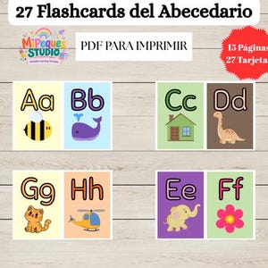 May include: A set of 27 alphabet flashcards featuring letters A through H with corresponding illustrations including a bee, whale, house, dinosaur, cat, helicopter, elephant, and flower. The text reads 27 Flashcards del Abecedario.