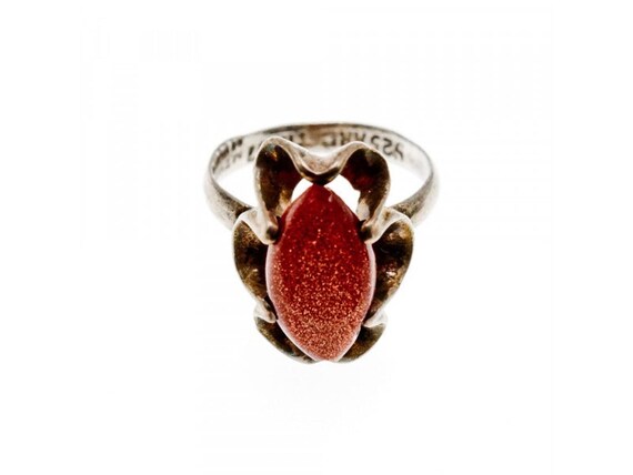 Bague Ancienne En Argent Massif Avec Aventurine - Pierre Naturelle Verte Ovale - Occasion - Style Antique