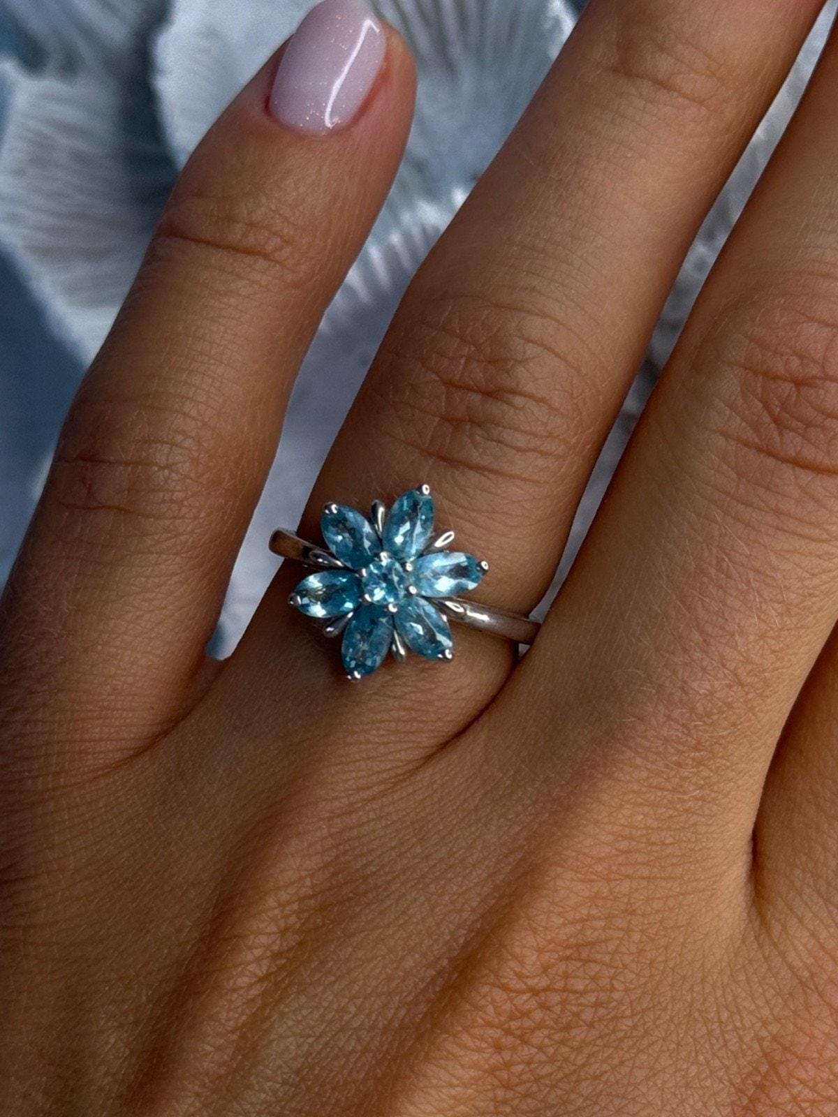 Bague Argent Sterling 925 Et Topaze (aquamarine-like) Fleur - Taille 7, 1.75 Carats, Neuve Sans Boîte