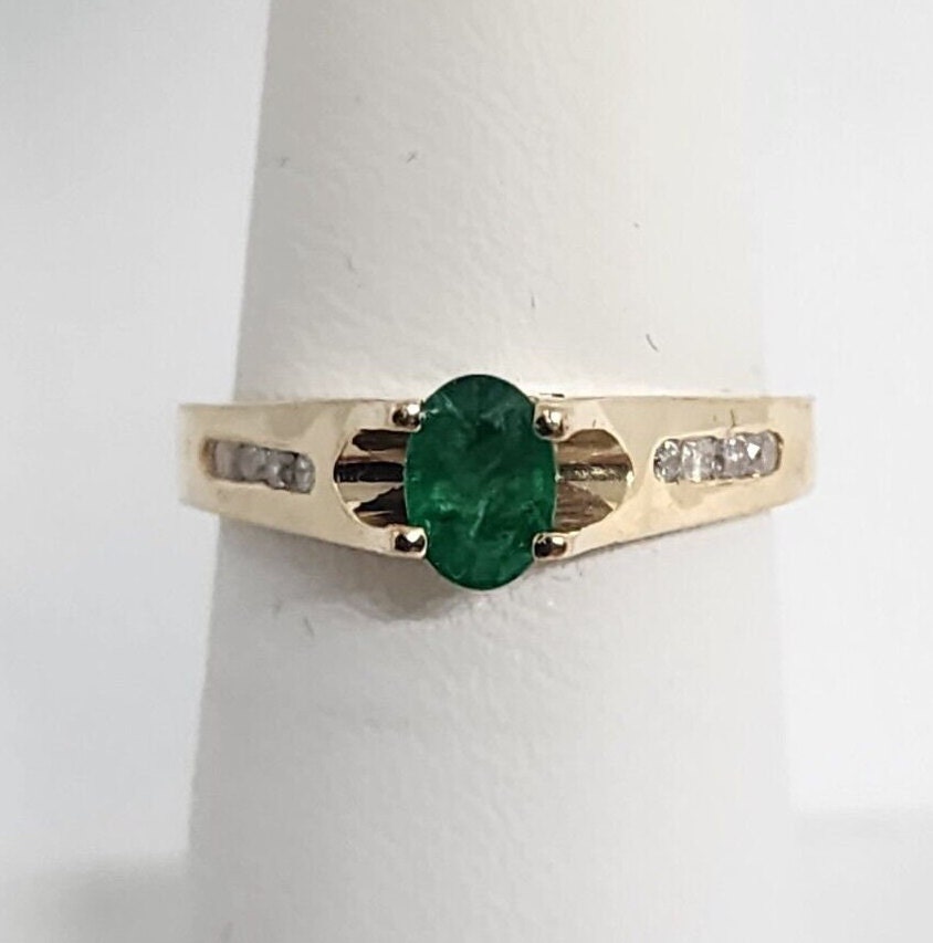 アメリカ 14K イエローゴールド エメラルド & ダイヤモンド リング サイズ 5.5