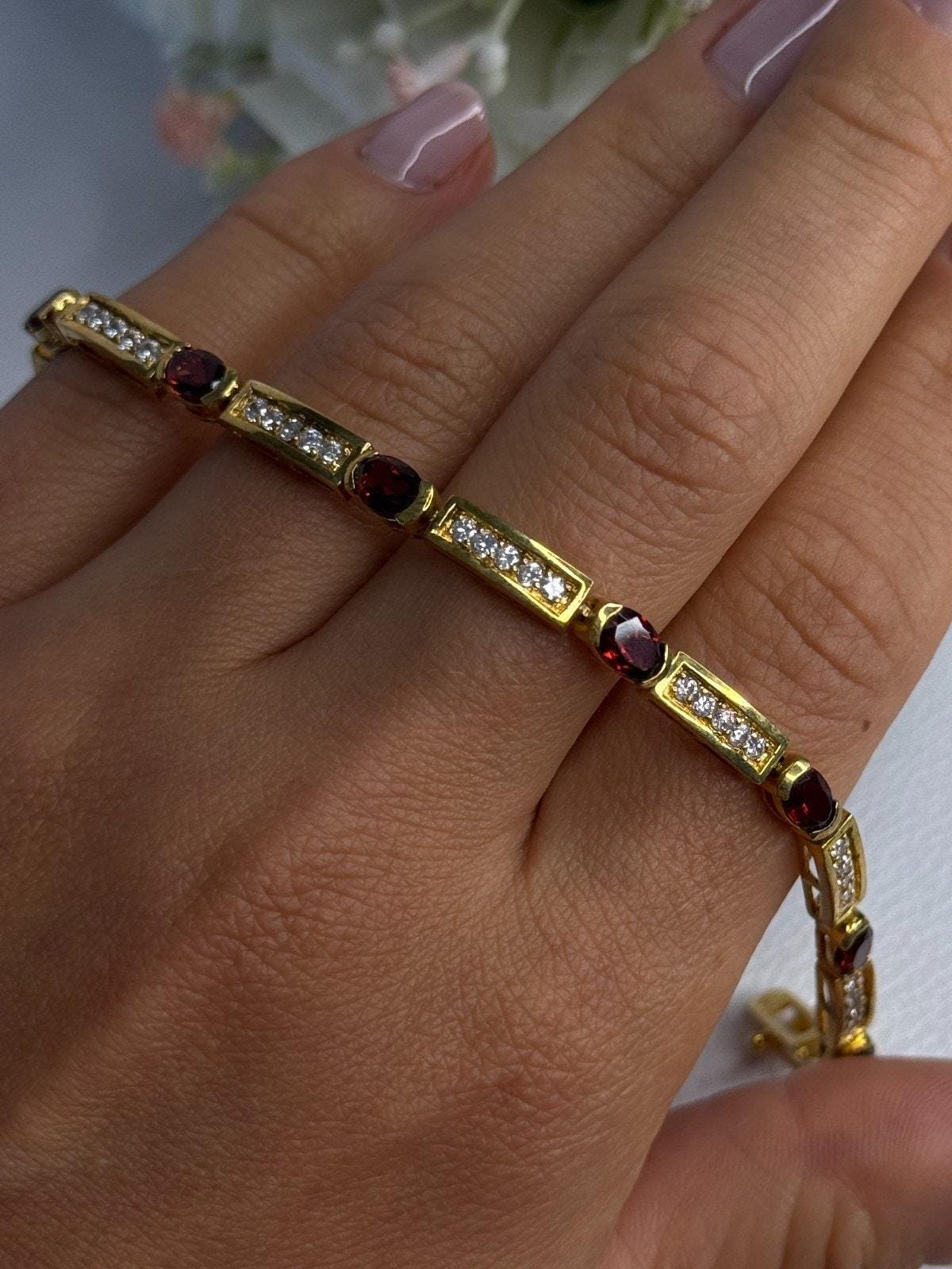 PRY GROUND シュウト011-PLATE-BRACELET 925 Sterling Silver Gold Plated Jjt Garnet & Cz Bracelet Length