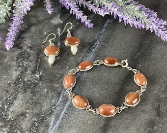 Conjunto vintage de plata de ley 925 con aventurina y nácar.