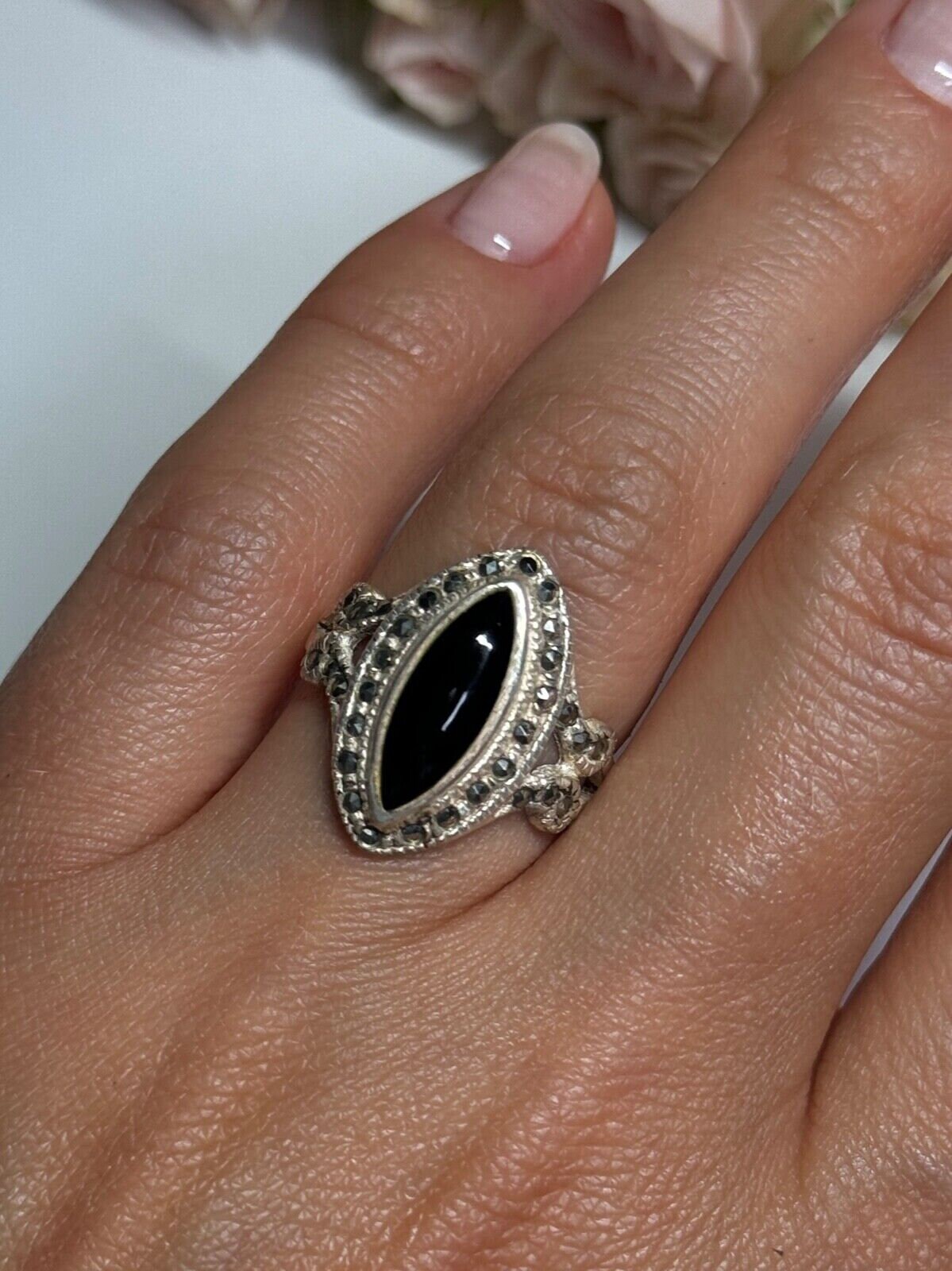 Bague Ancienne En Argent Massif 925 - Taille 53, Poids 4,8g, Marcassite Et Onyx, Occasion