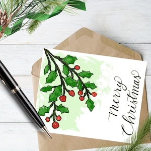 クリスマスカード 手描きのメリークリスマス ヒイラギ - サイズ 4.25"x5.5" 封筒付き