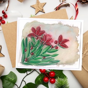 Carte de correspondance fantaisiste de poinsettias de Noël - oeuvre d'art originale aquarelle peinte à la main - intérieur vierge - dimension 4,25 x 5,5 pouces - enveloppe incluse