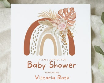 May include: A baby shower invitation with a watercolor illustration of a rainbow with a floral arrangement on top. The text reads "Please join us for Baby Shower honoring Victoria Roth Sept 07 at 6 PM 2023 123 Anywhere St., Any City RSVP Jennifer at (123) 456-7890"