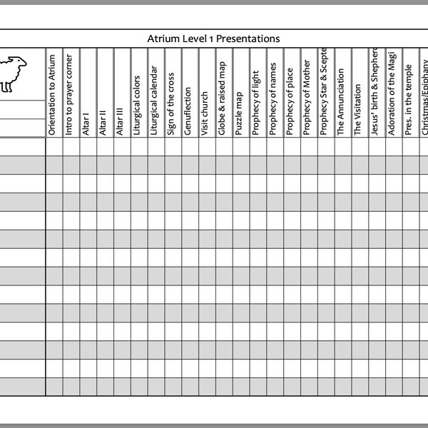 Feuille de travail de suivi des présentations Atrium | Niveau 1 | BSC| Catéchèse du Bon Pasteur | Éducation religieuse | BSC