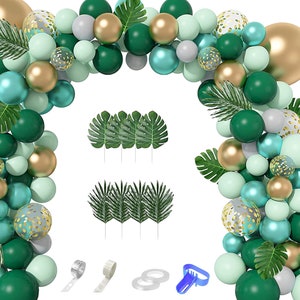 Green Gold Metallic White Balloons 74 Pc Garland Arch Kit, Artificial Palm Leaves, Jungle Decor, Margarita Theme, Bachelorette, Baby Shower