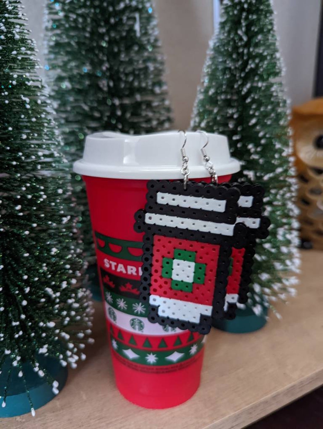 Red Starbucks Cup Perler Bead Earrings Etsy