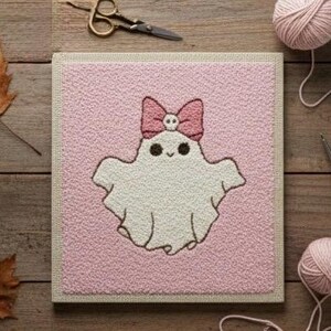 May include: A pink and white embroidered ghost with a pink bow and skull detail. The ghost is on a pink textured background. The image also includes yarn, a crochet hook, scissors, and fall leaves on a wooden surface. The craft project is likely handmade.