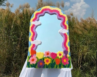 Mirror punch needle kit rainbow floral mirror/Beginner embroidery tuft kit with yarn/ all materials included