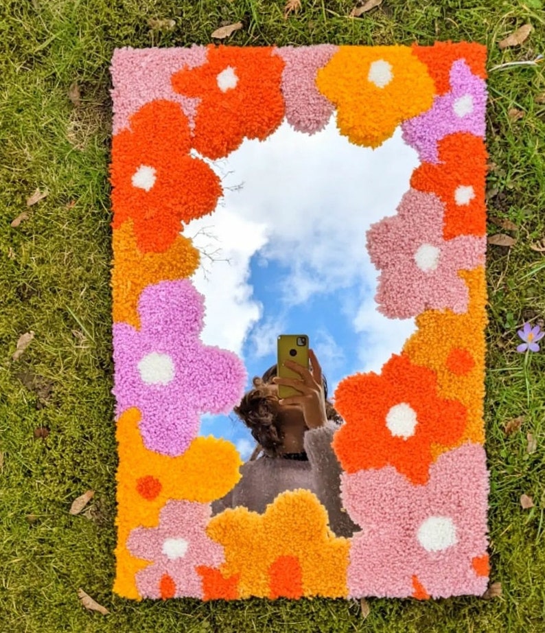 Tufted Punch Needle Floral Mirror/beginner Punch Needle Kit Etsy