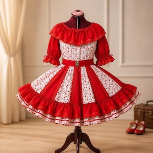 May include: A red and white dress with a cherry print, displayed on a mannequin. The dress features a ruffled collar, short sleeves, and a wide red belt. The skirt has alternating panels of cherry print and solid red fabric, with multiple ruffles at the hem.