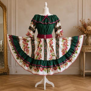 May include: A dress featuring a dark green off-the-shoulder bodice with a small red bow, three-quarter length sleeves, and a wide red waistband. The skirt is white with vertical floral stripes, a wide dark green hem, and red ribbon trim.