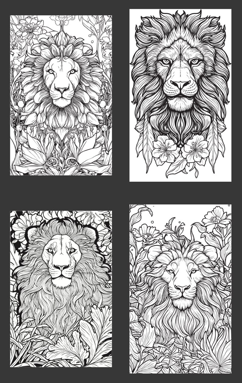 Lions and Flowers Adult Coloring Book Pages Group of 4 Etsy