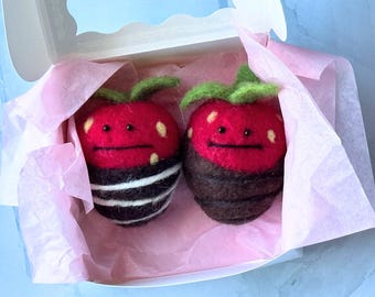 Stoic Strawberries - Valentine's Day Grumpy Needle Felted Chocolate Strawberries, Adorable Decorative Treats for Loved Ones