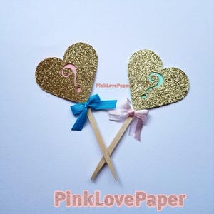 heart baby shower boy or girl gender reveal cupcake toppers with bow