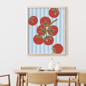 Hand drawn art print of five red tomatoes on a vine with three tomatoes along the edges. The background is light blue stripes.
