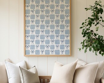 Blue Bows Wall Art, Blue Checkered Pattern Art Print, Coastal Granddaughter Prints, Toile Print, College Apartment Decor, Digital Download